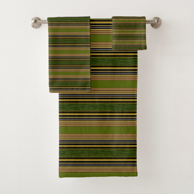 Stripes Green Gold Black Bathroom Towel Set (Insitu)
