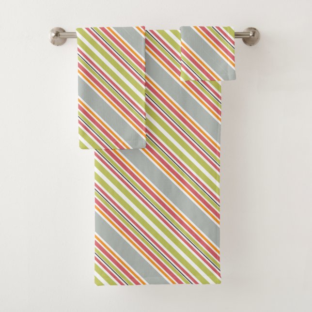 Stripes green grey orange pink bath towel set (Insitu)