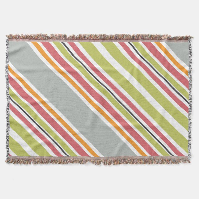 Stripes green grey orange pink throw blanket (Front)
