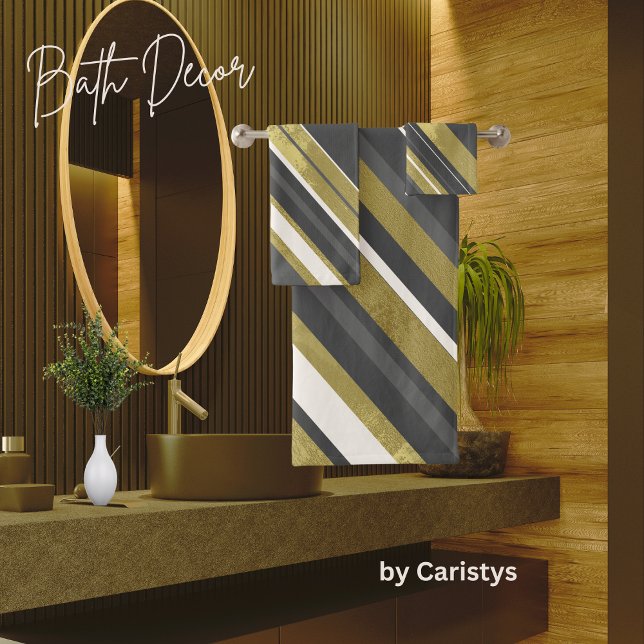 Stripes Grey, Gold, Cream on Charcoal Grey  Bath Towel Set (Creator Uploaded)