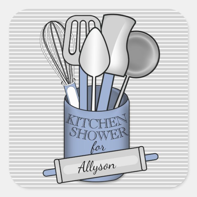 Stripes Grey White Blue Stock the Kitchen Shower Square Sticker (Front)