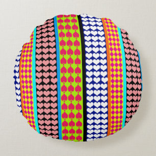 Stripes Hearts Diamonds Boho Mixed Design  Round Cushion