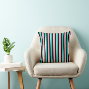 Stripes in Black Pink and Blue Cushion