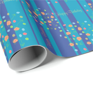 Stripes In Blue With Little Peach Floral Wrapping Paper