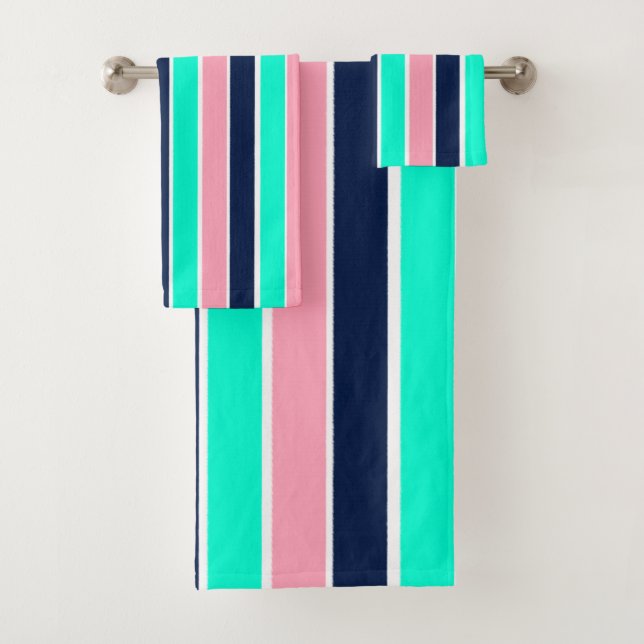 Stripes in Mint Green, Pink, and Navy Blue Bath Towel Set (Insitu)