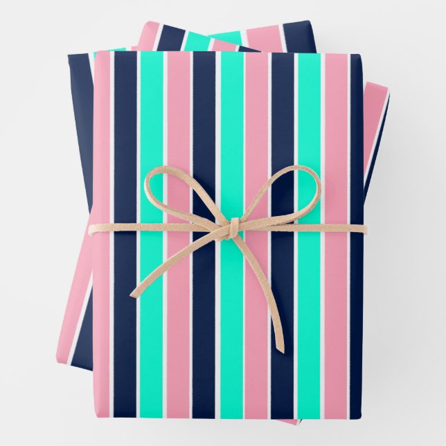 Stripes in Mint Green, Pink, and Navy Blue Wrapping Paper Sheet (In situ)