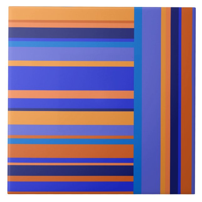 Stripes in Orange and Blue Striped Pattern Ceramic Tile (Front)