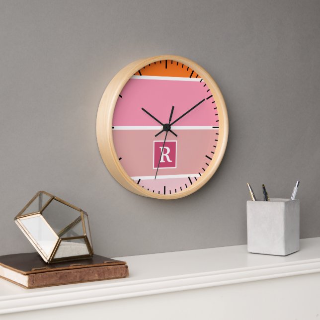 Stripes in pink, white and orange with Monogram Clock (Office)