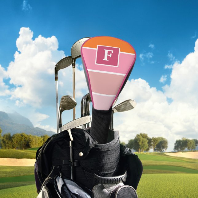 Stripes in pink, white and orange with Monogram Golf Head Cover (monogrammed driver head cover in pink and orange)