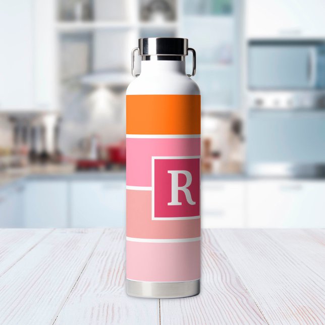 Stripes in pink, white and orange with Monogram  Water Bottle (Creator Uploaded)