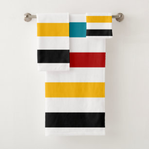 Stripes in white, turquoise, red, yellow and black bath towel set