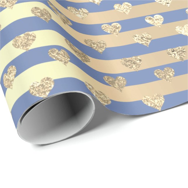 Stripes Lines Hearts Champaigne Gold Bright Blue Wrapping Paper (Roll Corner)