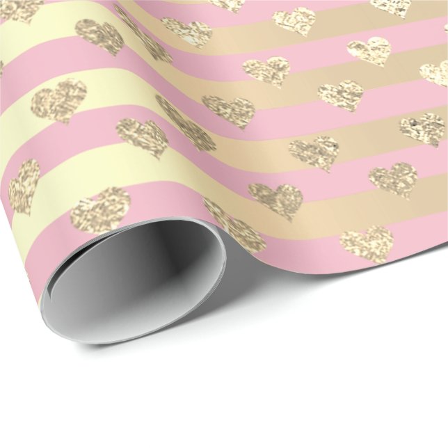 Stripes Lines Hearts Champaigne Gold Pink Pastel Wrapping Paper (Roll Corner)