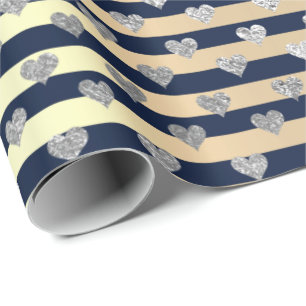 Stripes Lines Minimal Silver Heart Gold Blue Navy Wrapping Paper