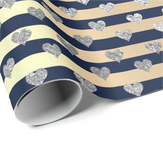 Stripes Lines  Minimal Silver Heart Gold Blue Navy Wrapping Paper (Roll Corner)