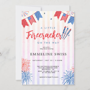Stripes Little Firecracker 4th July Baby Shower Invitation