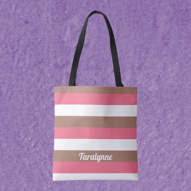 Stripes Mocha Brown Pink White Personalise Tote Bag (A tote bag with pink, brown and white pattern with text you can customize!)