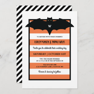 Stripes & Monogram Orange Halloween Wedding Invitation