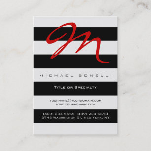 Stripes Monogram Red Calligraphy Business Card