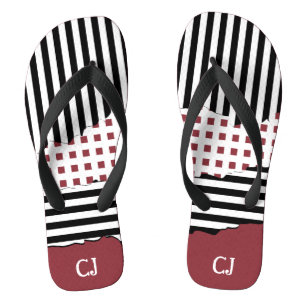 Stripes Net Black, White, Red Layered Initials Thongs