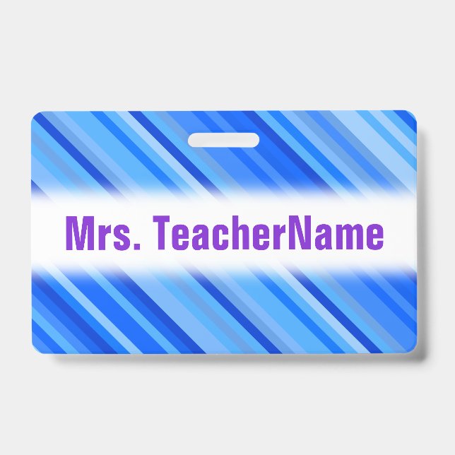 Stripes of Blue Pattern + Custom Teacher Name ID Badge (Front)
