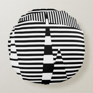Stripes on Stripes in Black and White Round Cushion