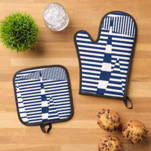 Stripes on Stripes in Blue and White Oven Mitt & Pot Holder Set