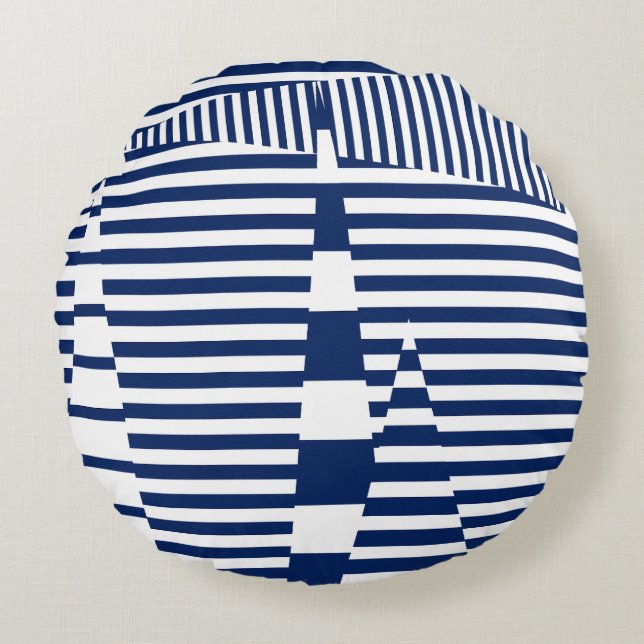 Stripes on Stripes in Blue and White Round Cushion (Front)