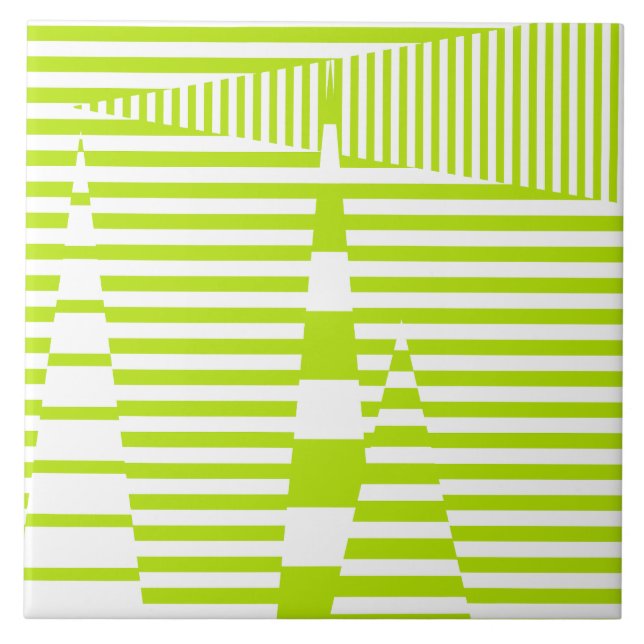 Stripes on Stripes - Lime Green and White  Ceramic Tile (Front)