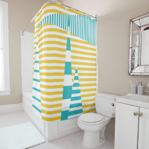 Stripes on Stripes - Turquoise and Yellow  Shower Curtain