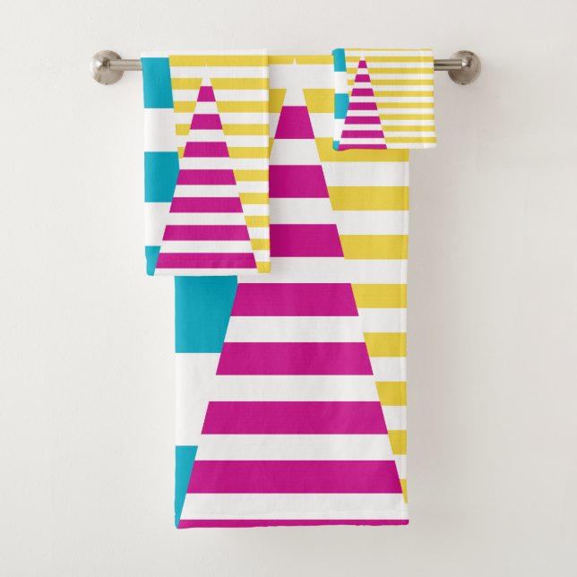 Stripes on Stripes - Turquoise, Yellow and Pink Bath Towel Set (Insitu)
