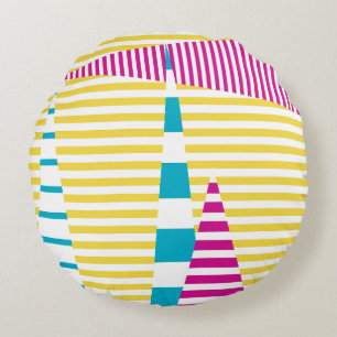 Stripes on Stripes - Turquoise, Yellow and Pink Round Cushion