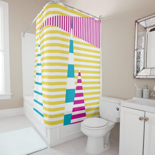 Stripes on Stripes - Turquoise, Yellow and Pink Shower Curtain (In Situ)