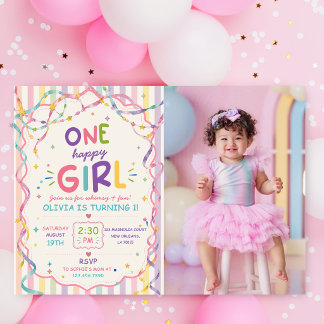 Stripes One Happy Girl Colourful Birthday Invitation
