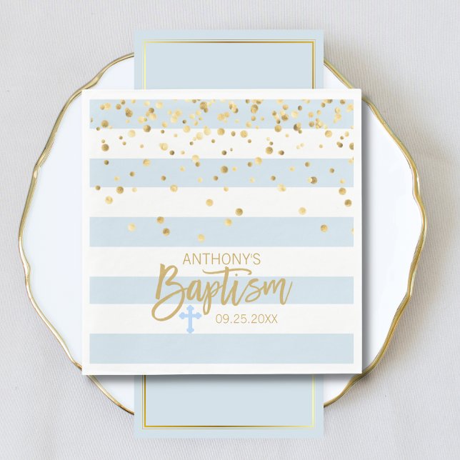 Stripes Pastel Blue Gold BOY BAPTISM Luncheon Napkin (Creator Uploaded)