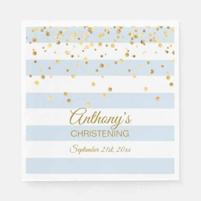 Stripes Pastel Blue Gold BOY CHRISTENING BAPTISM Napkin (Front)