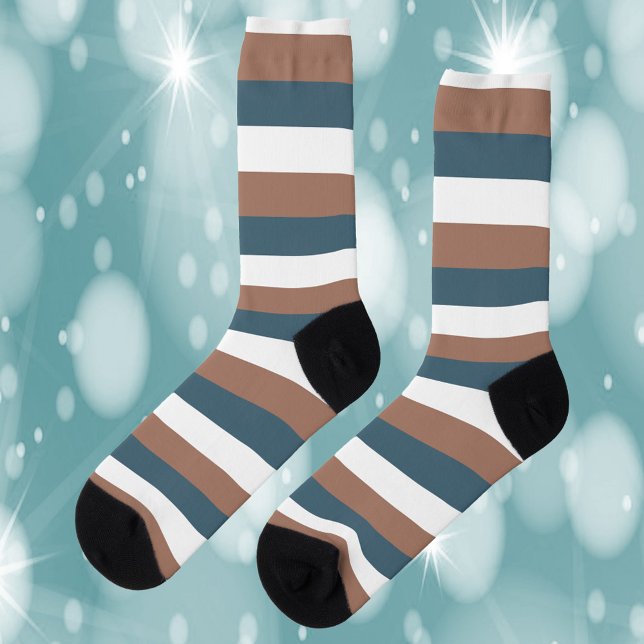 Stripes Pattern Brown Teal White Socks (A pair of socks with brown, teal and white stripes)
