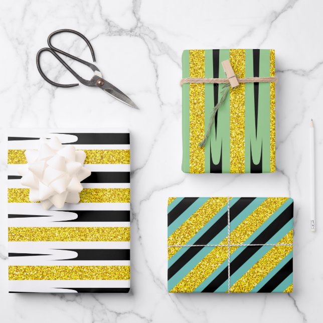 Stripes Pattern Multicolor Gold Glitter Abstract Wrapping Paper Sheet (Front)