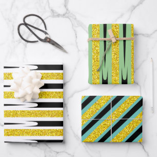 Stripes Pattern Multicolor Gold Glitter Artsy Cute Wrapping Paper Sheet