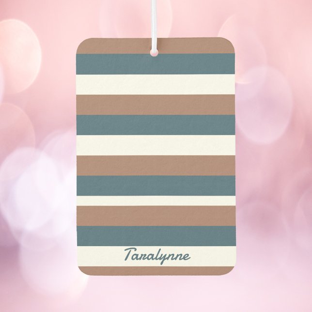 Stripes Pattern Personalise Brown Teal White Car Air Freshener (An air freshener with brown, teal and white stripes along with text you can personalize!)