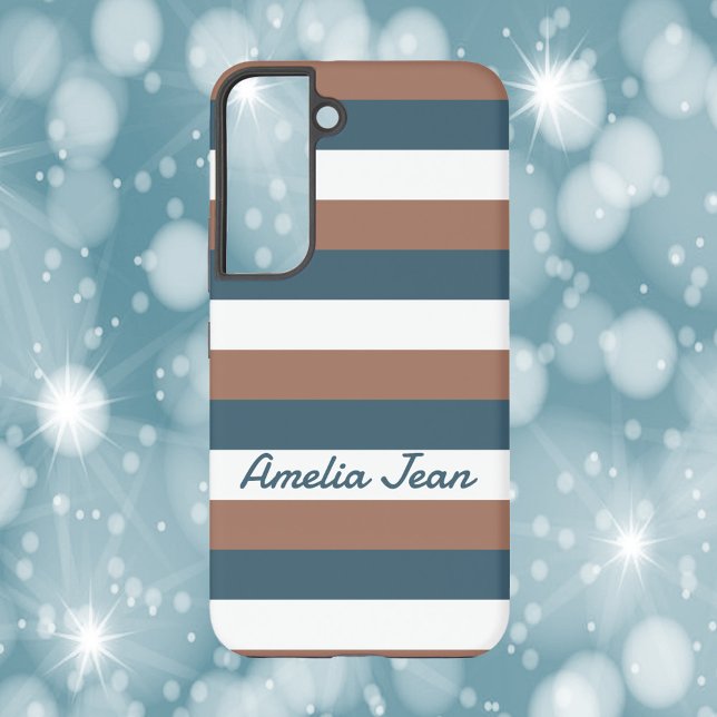 Stripes Pattern Personalise Brown Teal White Samsung Galaxy S22 Case (A phone case with brown, white and teal stripes. Plus text you can personalize!)