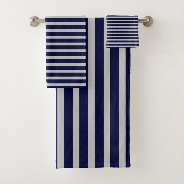 Stripes Patterns Dark Navy Blue Grey Grey Lines Bath Towel Set (Insitu)