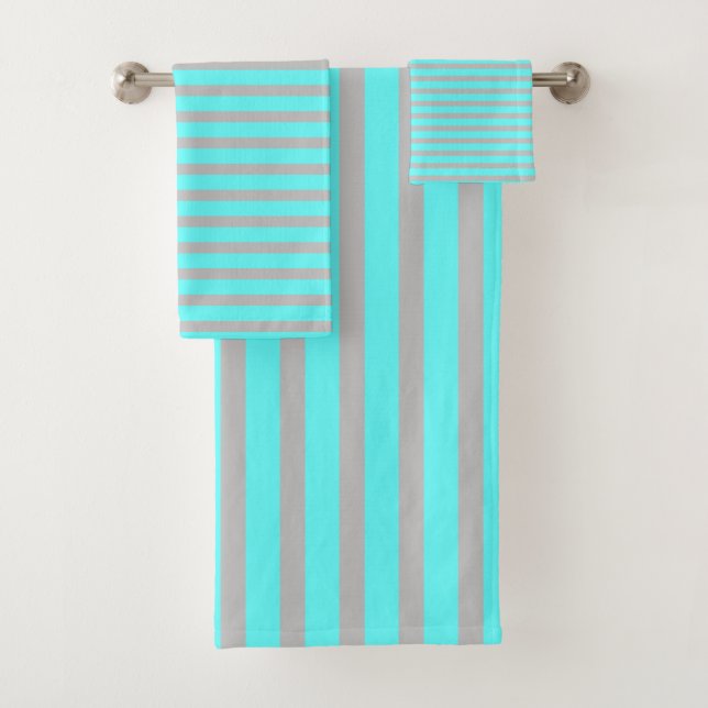 Stripes Patterns Teal Blue Grey Grey Theme Cute Bath Towel Set (Insitu)