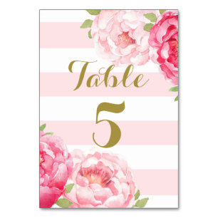 Stripes Pink Floral Wedding Table Number Card