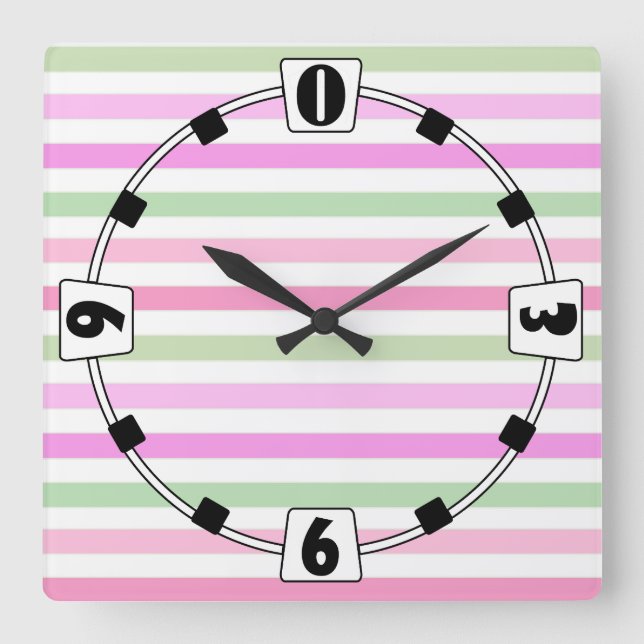 Stripes, pink, green square wall clock (Front)