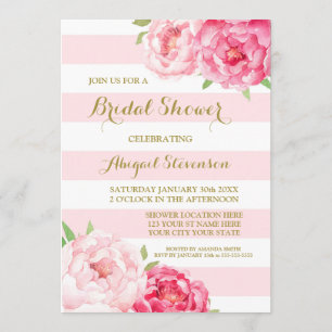 Stripes Pink Watercolor Flowers Bridal Shower Invitation