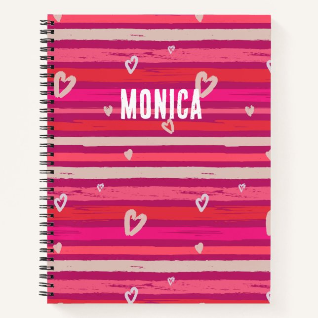 Stripes Pink White Hearts Personalised  Notebook (Front)