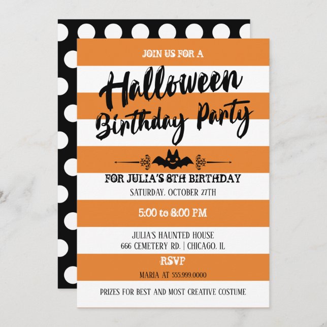 Stripes & Polka Dots Halloween Birthday Party Invitation (Front/Back)