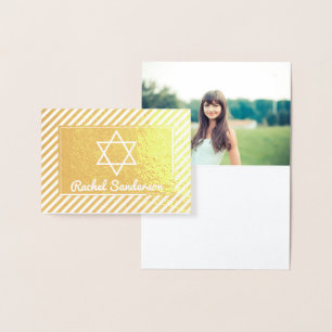 Stripes Real Gold Foil Photo Bat Mitzvah Thank you Card