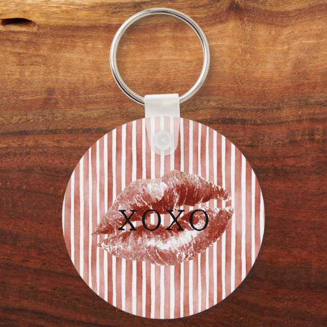 Stripes Red Lips Kiss XOXO  Key Ring (Front)